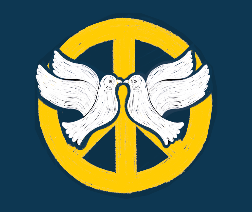Símbolo de la paz y dos palomas blancas unidas en señal de paz