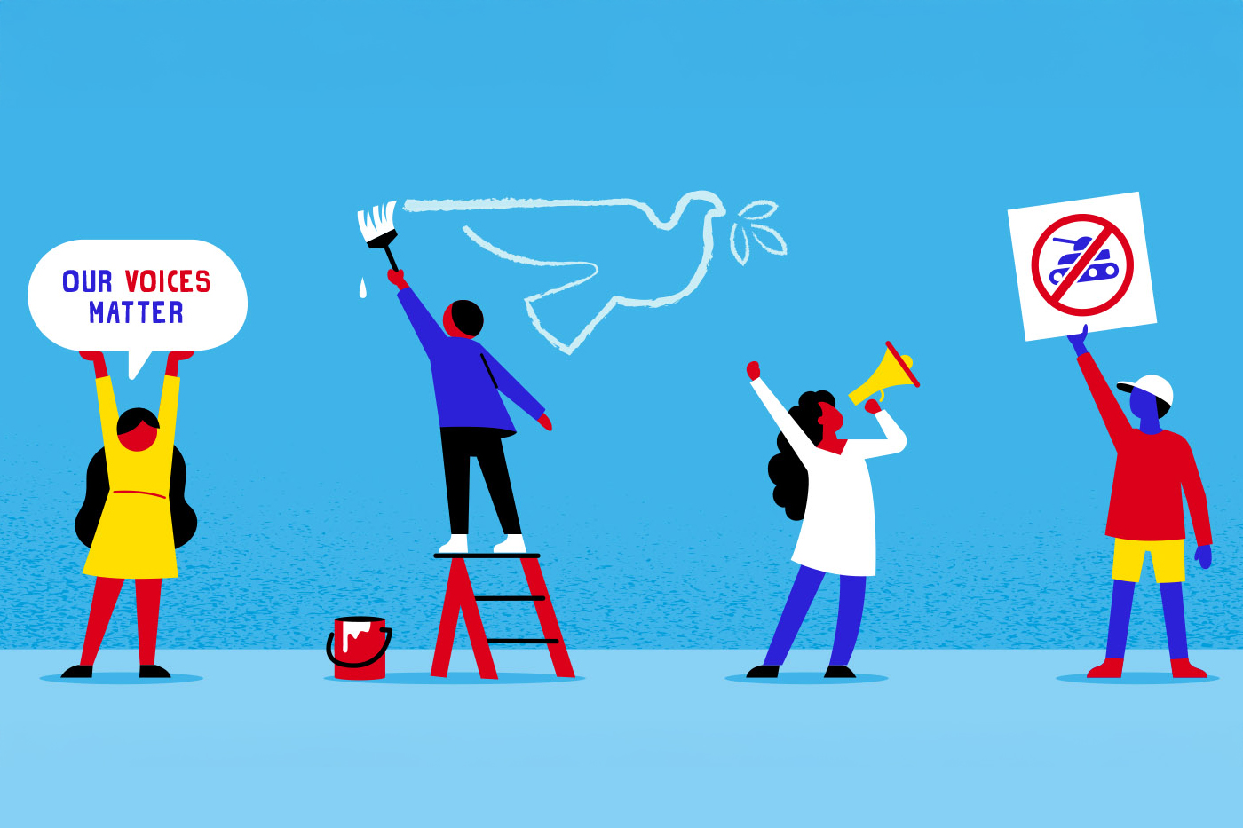 An illustration of young people engaging in acts of peacebuilding; one figure hodling a sign that reads 'OUR VOICES MATTER'; one figure painting a dove on a wall; one shouting into a loudspeaker; and one holding a sign showing an image with the meaning 'NO TANKS'