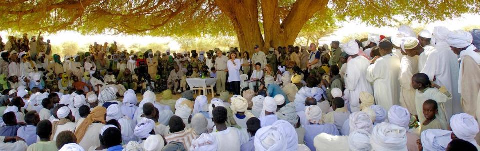 The head of UNMIS addressing a crowd of rebel forces in a gathering under a tree