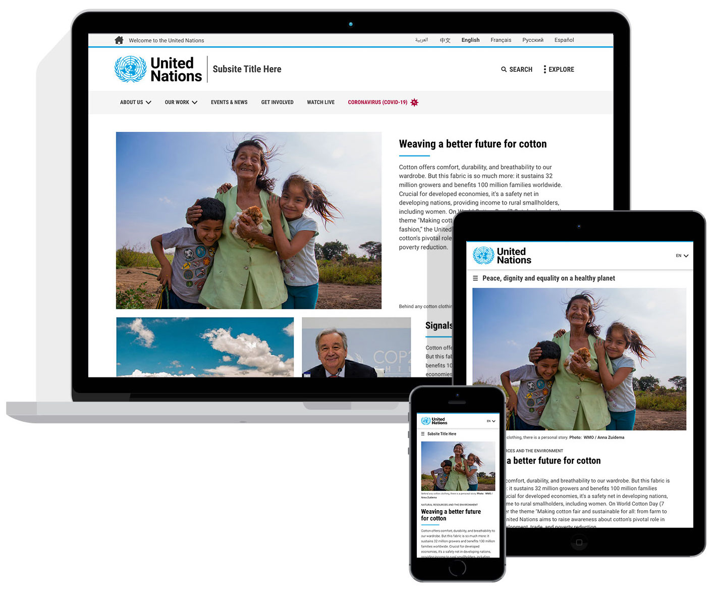 The main United Nations website is display on three different screen devices