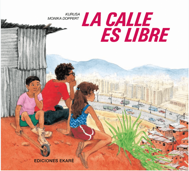 Ilustración de tres niños mirando desde un monte a la ciudad
