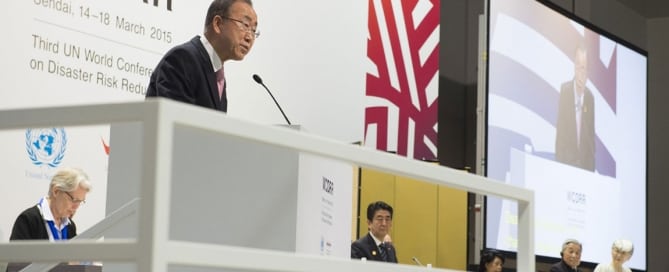 Secretary-General Ban Ki-moon addresses the Third World Conference on Disaster Risk Reduction in Sendai, Japan. UN Photo/Eskinder Debebe