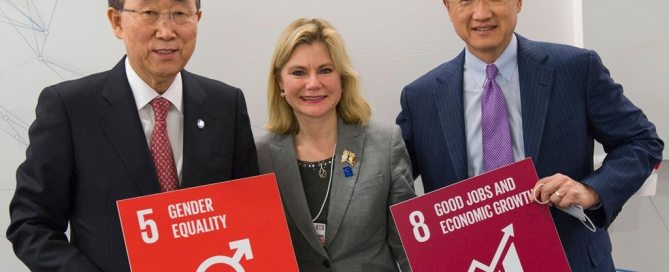 Photo: Secretary-General Ban Ki-moon (left) announces creation of first ever UN High-Level Panel on Women’s Economic Empowerment . Also pictured Justine Greening, Development Secretary, United Kingdom (centre) and Jim Yong Kim, President of the World Bank (right).