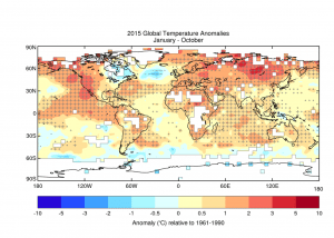 Figure 1: Average temperature anomalies for January to October 2015 from the HadCRUT.4.4.0.0 data set. Crosses (+) indicate temperatures that exceed the 90th percentile, signifying unusual warmth, and dashes (-) indicate temperatures below the 10th percentile, indicating unusually cold conditions. Large crosses and large dashes indicate temperatures outside the range of the 2nd to 98th percentiles. Source: Met Office Hadley Centre.