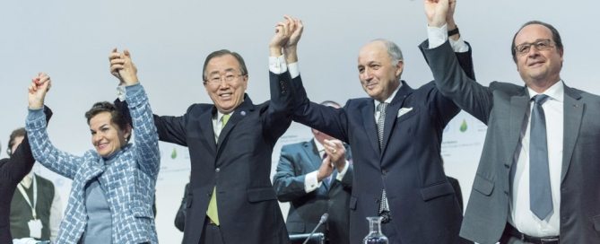 Photo: On 12 December 2015, the 196 parties to the UN Framework Convention on Climate Change (UNFCCC) adopted the Paris Agreement. Secretary-General Ban Ki-moon (third right) called the negotiations the “most complicated, most difficult, but most important for humanity.” Also pictured, UNFCCC’s Christiana Figueres; French Foreign Minister Laurent Fabius and President of the UN Climate Change Conference (COP21); and French President François Hollande (right). UN Photo/Mark Garten