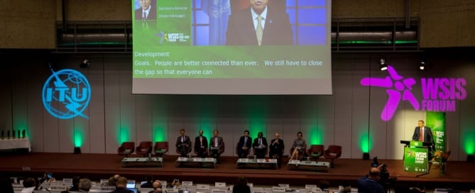 Photo: Ban Ki-moon (on screen), delivers video message to the opening of the annual UN World Summit on the Information Society (WSIS) in Geneva.