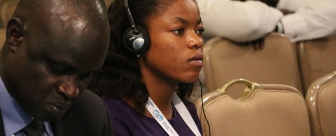 Photo: Maribel Ibule Djole, a writer for the Equatorial Guinean news outlet Ebano, attends a press conference for journalists coming from least developed countries (LDCs) at the Midterm Review of the Istanbul Programme of Action in Antalya, Turkey. 28 May 2016. UN Photo/Stephanie Coutrix