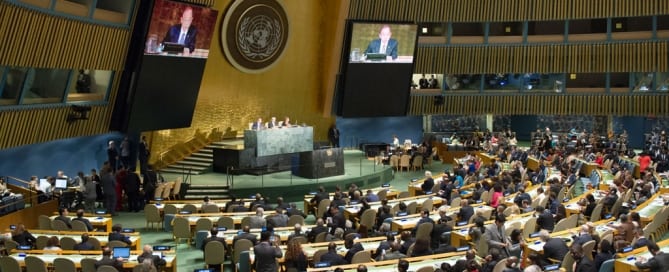 Photo: A view of the General Assembly Hall during the High-level Meeting on HIV/AIDS. UN Photo/Rick Bajornas