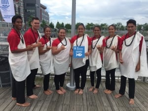 Photo: Dancers from the Kaiwikuamo'o school in Hawaii pose with the Goal 14 Life Below Water icon.
