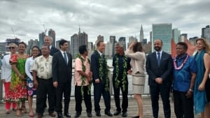 Photo: Secretary-General and USG Gyan Chandra Archaya at friendship ceremony where the Hokulea sustainable canoe docked in Long Island City, NY