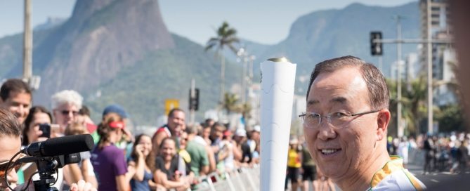 Photo: Secretary-General Ban Ki-moon takes part in the Olympic torch relay ahead of the opening ceremony of the 2016 Summer Olympic Games in Rio de Janeiro, Brazil.