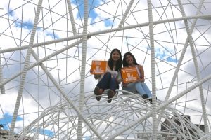 Photo: Habitat 3 participants bring Goal 11 to the top of a wire sphere.