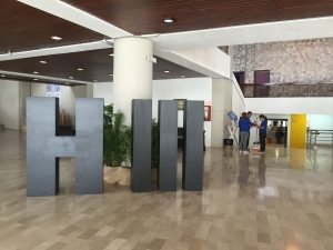 Photo: A giant Habitat 3 logo awaits attendees at the UN conference on sustainable cities, 15 October 2016.