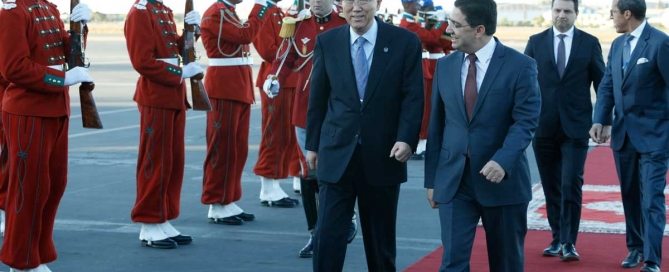 Photo: Secretary-General Ban Ki-moon (left) is met by Nasser Bourita, Minister Delegate for Foreign Affairs for Morocco, in Marrakesh.