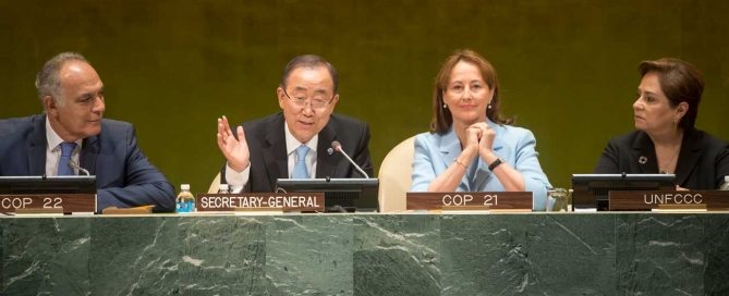Photo: From left: Salaheddine Mezouar, Minister for Foreign Affairs and Cooperation of the Kingdom of Morocco; UN Secretary-General Ban Ki-moon; Ségolène Royal, Minister of the Environment, Energy and Marine Affairs of France; and Patricia Espinosa, Executive Secretary of UNFCCC.
