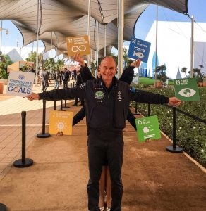 Photo: Solar Impulse​ Pilot Bertrand Piccard holds (with a little help), some of his favorite #GlobalGoals icons.