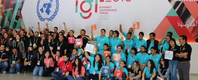Photo: Internet Governance Forum participants and volunteers in Jalisco, Mexico, pose with the Sustainable Development Goal icons.