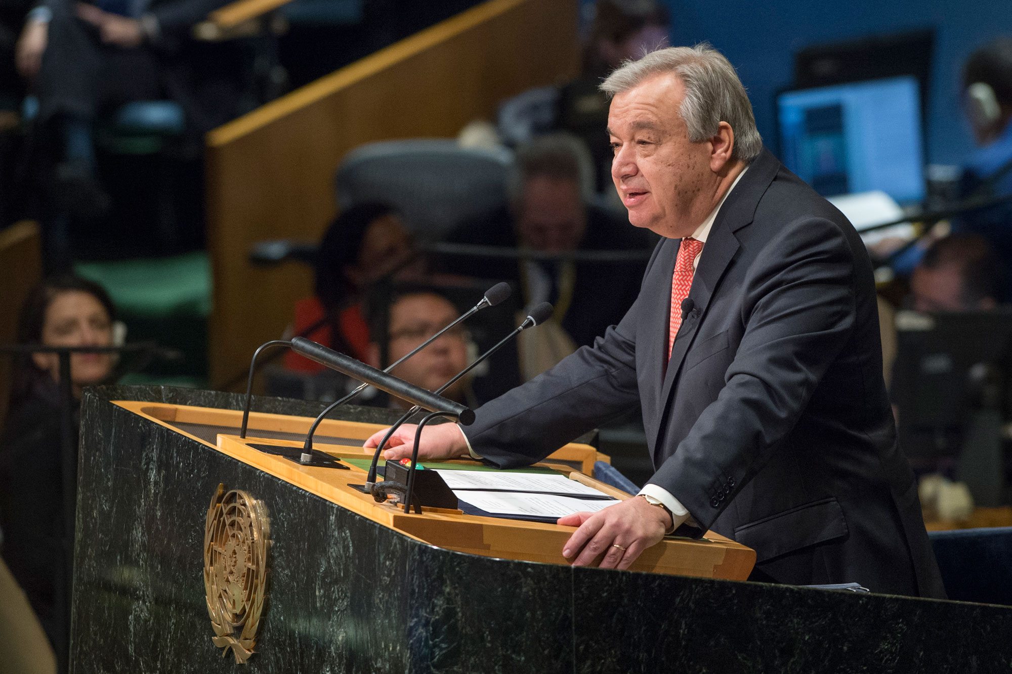Mr. Guterres, Secretary-General-designate of the United Nations, addresses the General Assembly on 12 December 2016 after taking the oath of office for his five-year term. UN Photo/Eskinder Debebe