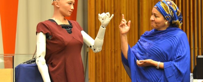 Photo: Deputy Secretary-General Amina Mohammed interacts with Sophia the robot at the “The Future of Everything – Sustainable Development in the Age of Rapid Technological Change” meeting.