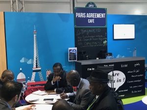 Photo: The French Pavilion features the Paris Agreement cafe.