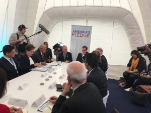 Photo: UNFCCC chief Patricia Espinosa meets with Fiji Prime Minister Frank Bainamarama, UN Special Envoy for Climate and Cities Michael Bloomberg, and other officials on Saturday at COP23.