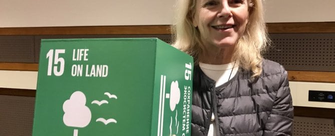 Photo: Kristine Tompkins poses with an SDG 15 cube at the event naming her UN Environment Patron of Protected Areas.