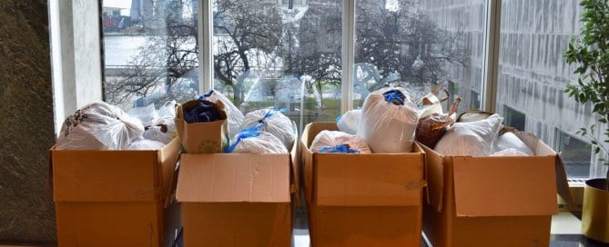 Hampers with donated clothes at UN New York Headquarters.