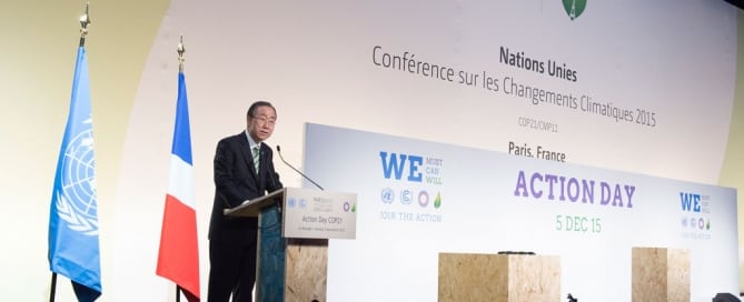 Secretario General de la ONU en el Día de Acción en la COP21 en París. Foto ONU/Eskinder Debebe