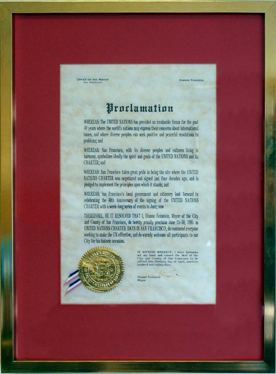 Декларация 1985 года, UNNY043G, 1985, США