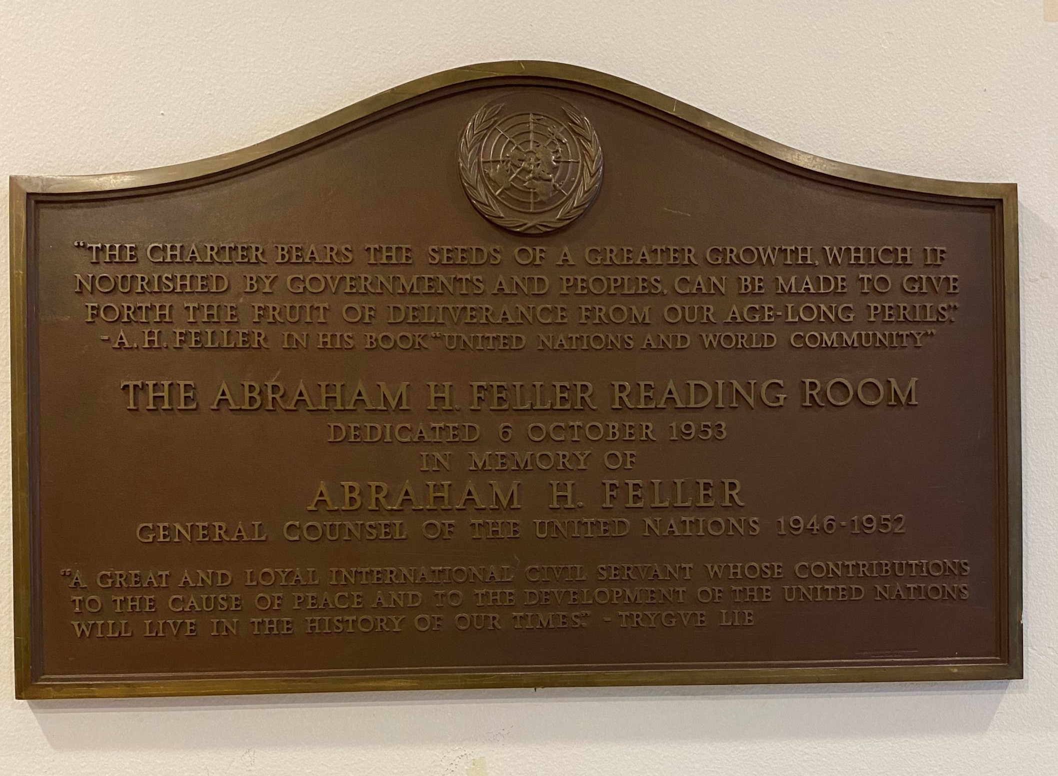 Plaque for Abraham Feller Reading Room, UNNY058G, 1953, Friends and Colleagues of Mr. Feller