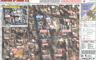 Post-shelling satellite overview of UNRWA headquarters - UNITAR/UNOSAT map