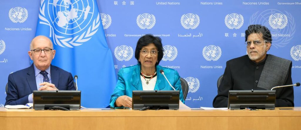 Navi Pillay (centre), Chair of the UN Independent International Commission of Inquiry on the Occupied Palestinian Territory, including East Jerusalem, and Israel, briefs reporters at UN Headquarters. With her are members of the Commission, Miloon Kothari (right) and Chris Sidoti (left). UN Photo/Mark Garten, 2022