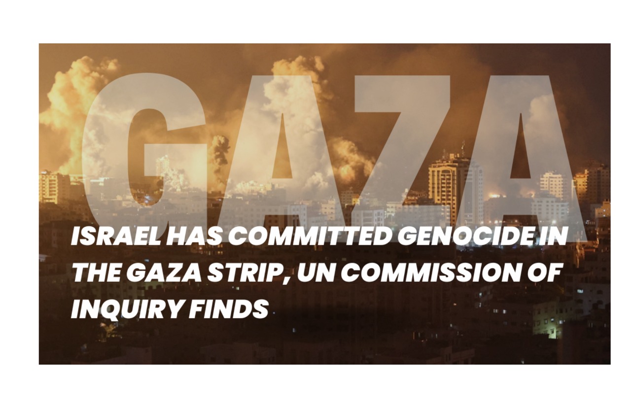 Nighttime Gaza skyline with explosions and smoke; large translucent word GAZA across the image; overlaid caption reads, “Israel has committed genocide in the Gaza Strip, UN Commission of Inquiry finds."