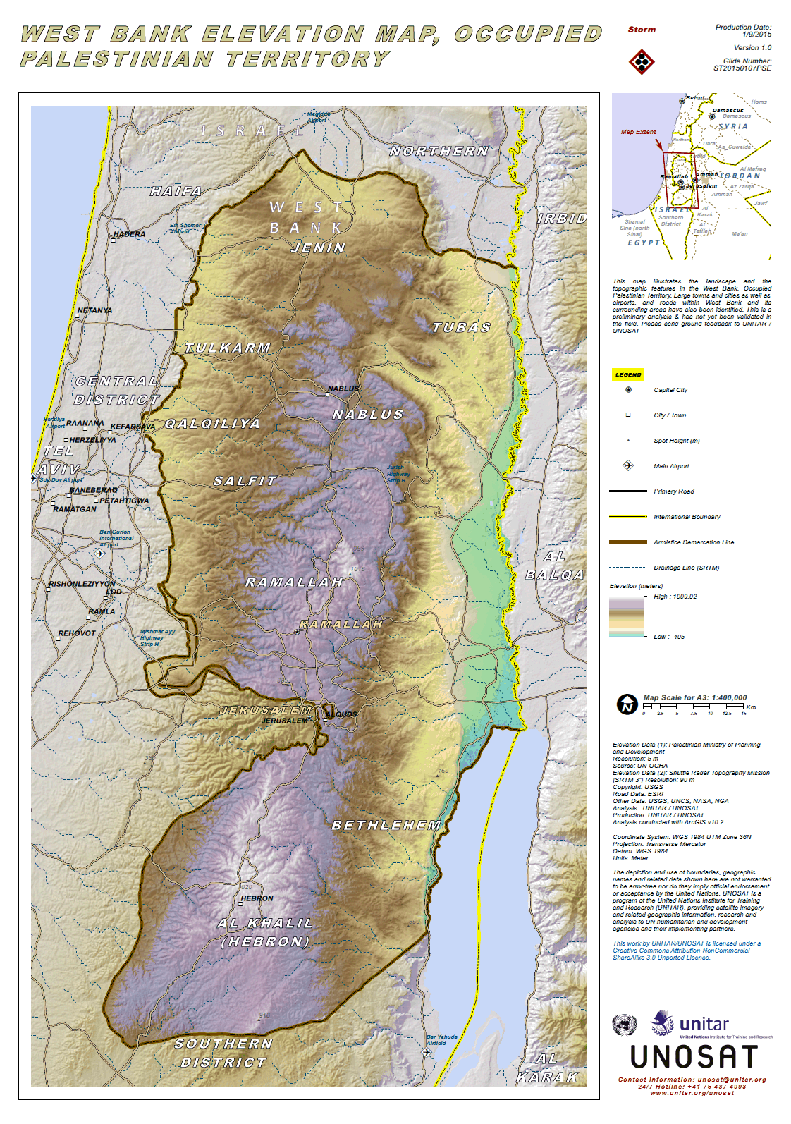 West Bank Elevation Map, Occupied Palestinian Territory OCHA map