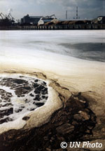 Discharge from a wood pulp plant in Japan causes a layer of scum to cover the entire surrounding harbour area. UN Photo