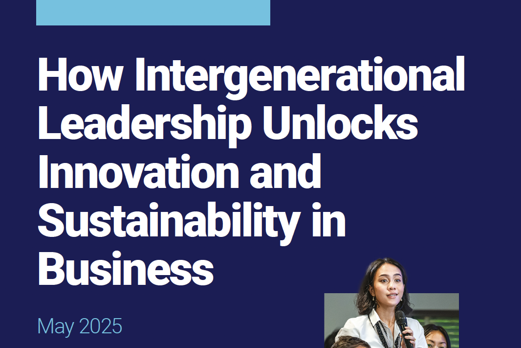 Photos of diverse groups next to the text "How Intergenerational Leadership Unlocks Innovation and Sustainability in Business"