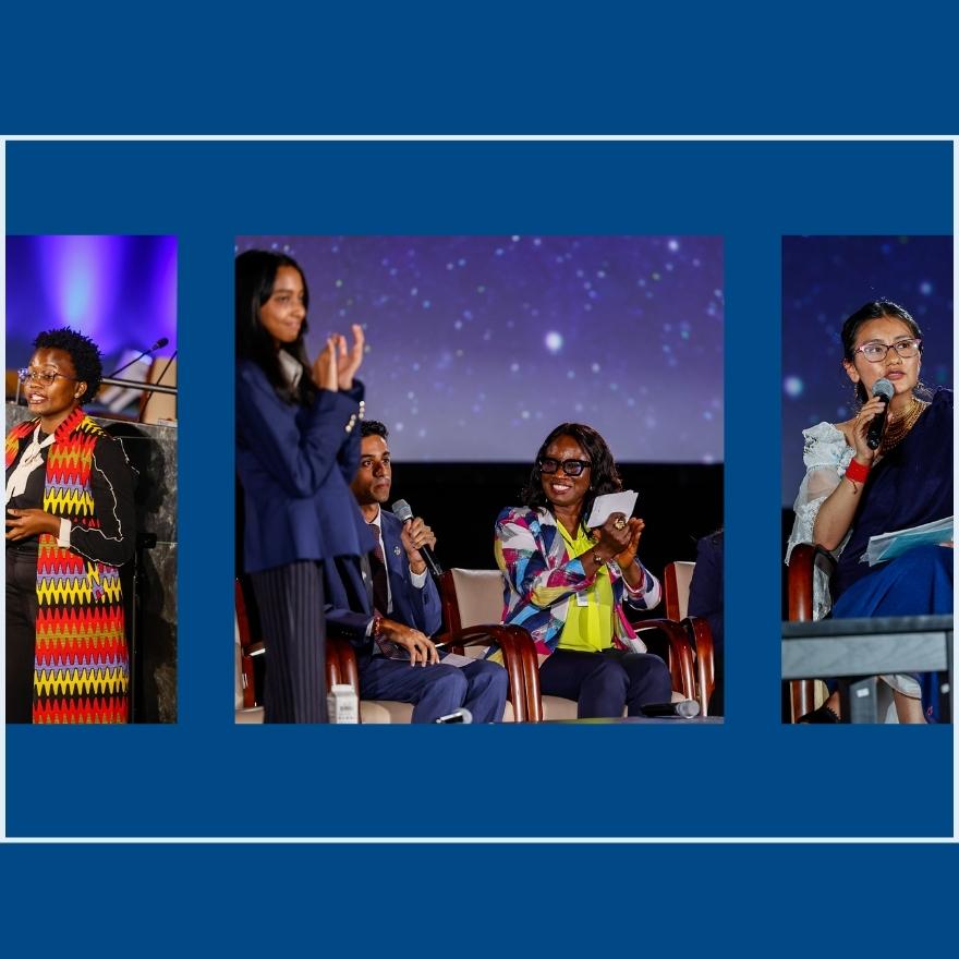Three photos of diverse young people speaking into microphones, smiling, or clapping.