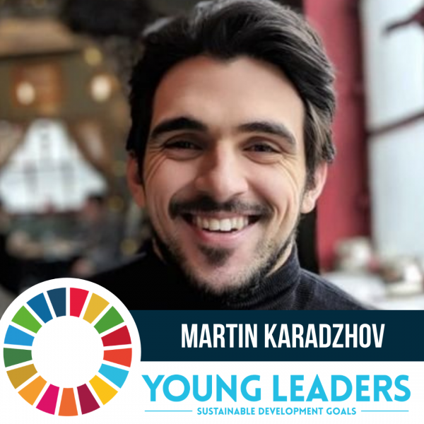 Young man with mustache and beard smiling next to a logo and the text "Martin Karadzhov"