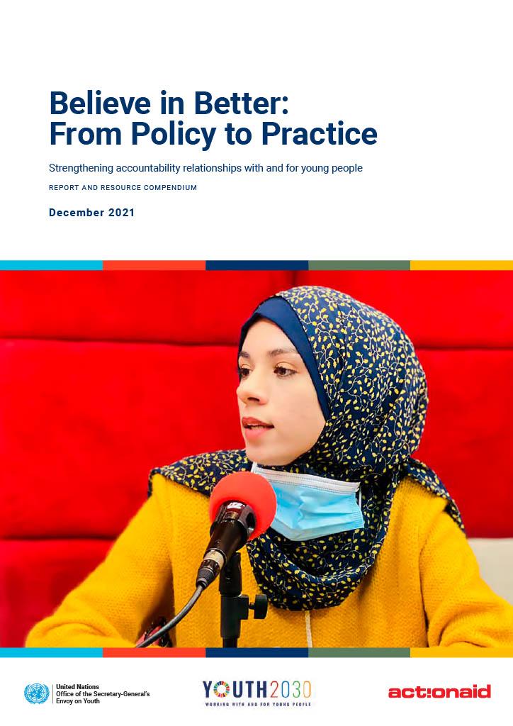 A young woman speaking into a microphone and the text “Believe in Better: From Policy to Practice.”