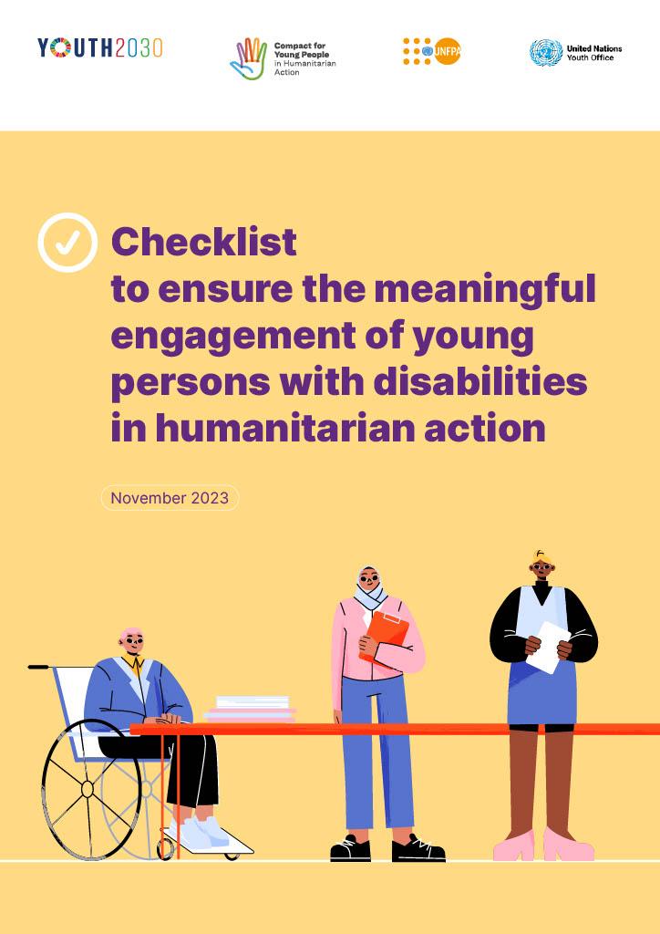 Illustrations of three diverse people, including one using a wheelchair, on yellow background.