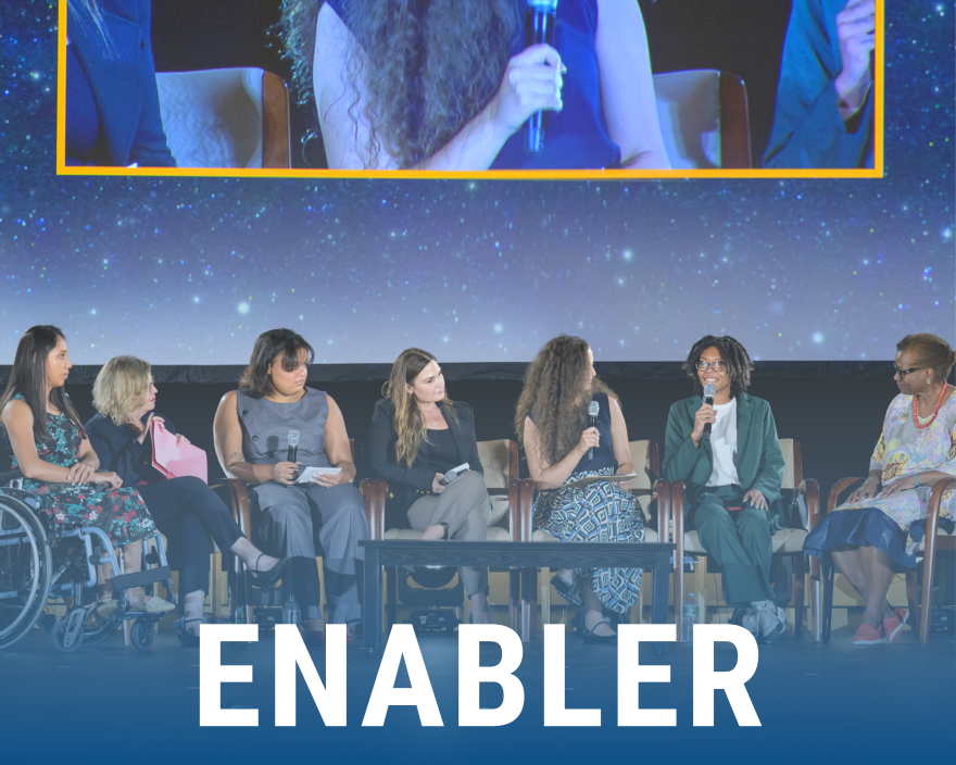 Enabler Group of young people speaking into microphones on stage and the overlayed text "ENABLER."