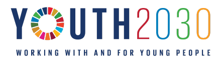 Logo with colorful text reading "YOUTH2030 WORKING WITH AND FOR YOUNG PEOPLE" on a white background
