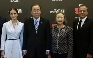 Emma Watson, United Nations Secretary General Ban Ki-moon, Ban Soon-Taek, and Kiefer Sutherland pose at the He for She event organized by UN Women
