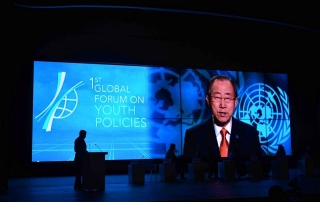 Secretary-General Ban Ki-moon delivers a video message to the First Global Forum on Youth Policies in Azerbaijan. Photo: Youth Policy Forum