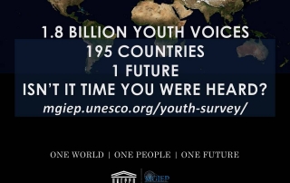 The campaign picture for the UNESCO MGIEP youth survey, which says "1.8 billion youth voices. 195 countries. 1 future. Isn't it time you were heard?"