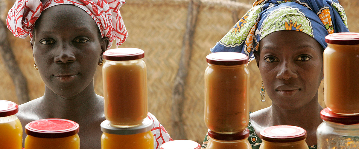 塞内加尔的农村妇女在食品加工店售卖芒果酱和红薯果酱。联合国图片/Evan Schneider